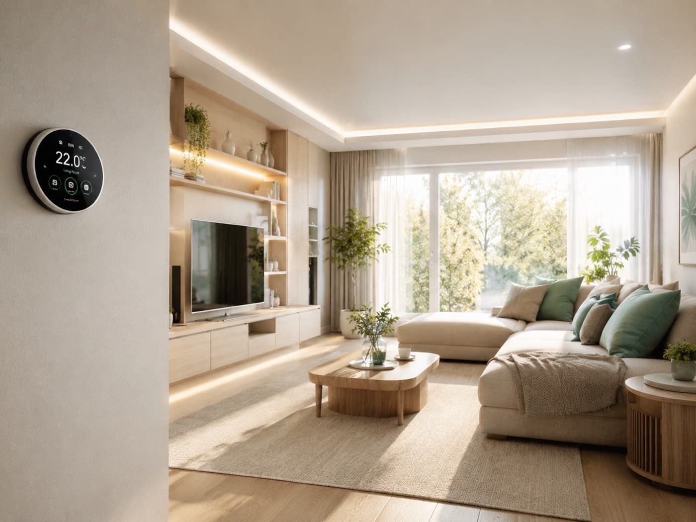 Salón moderno con termostato inteligente y luz natural — eficiencia energética del hogar