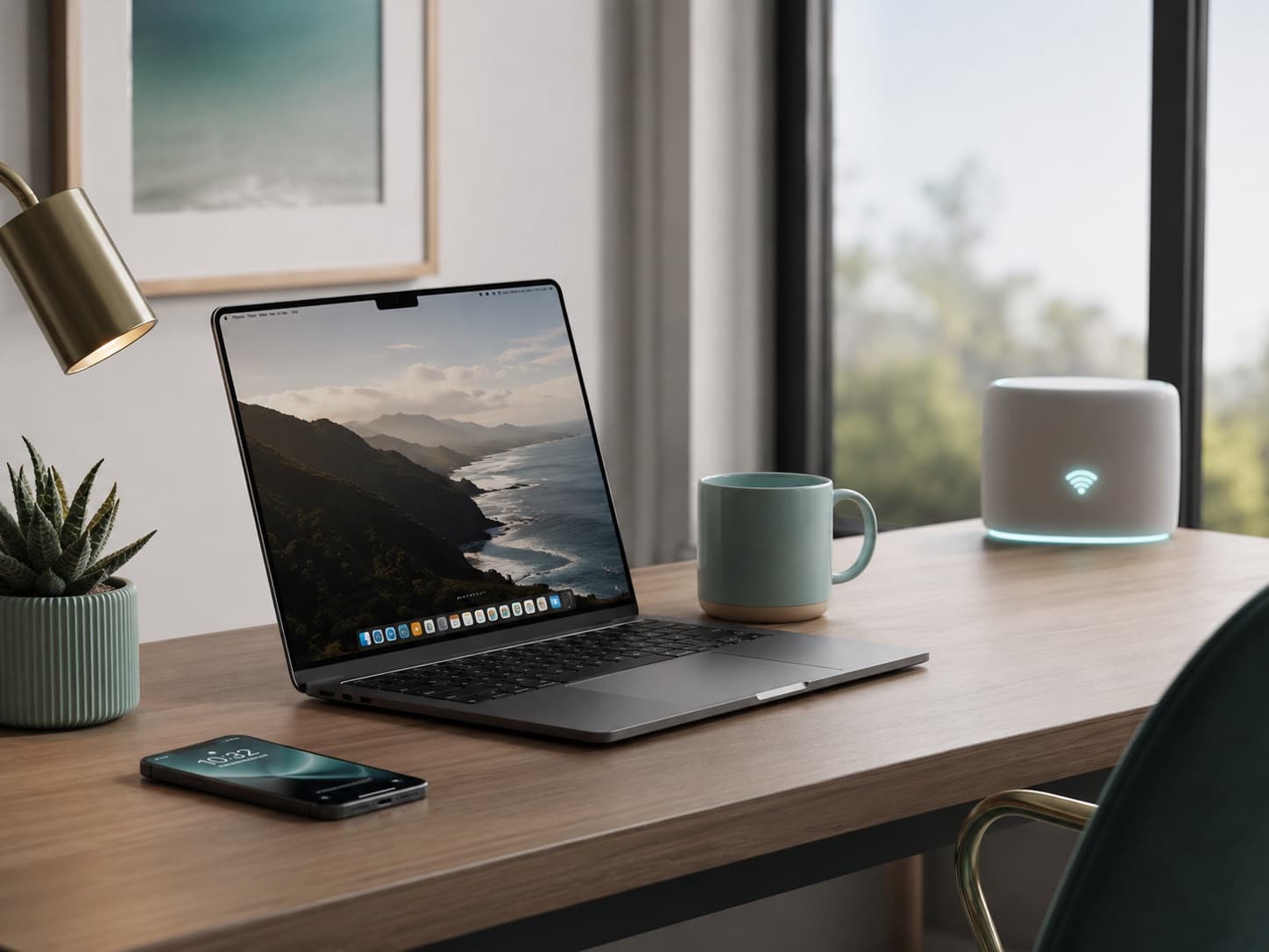 Escritorio moderno con portátil, smartphone y router WiFi — conectividad y tecnología