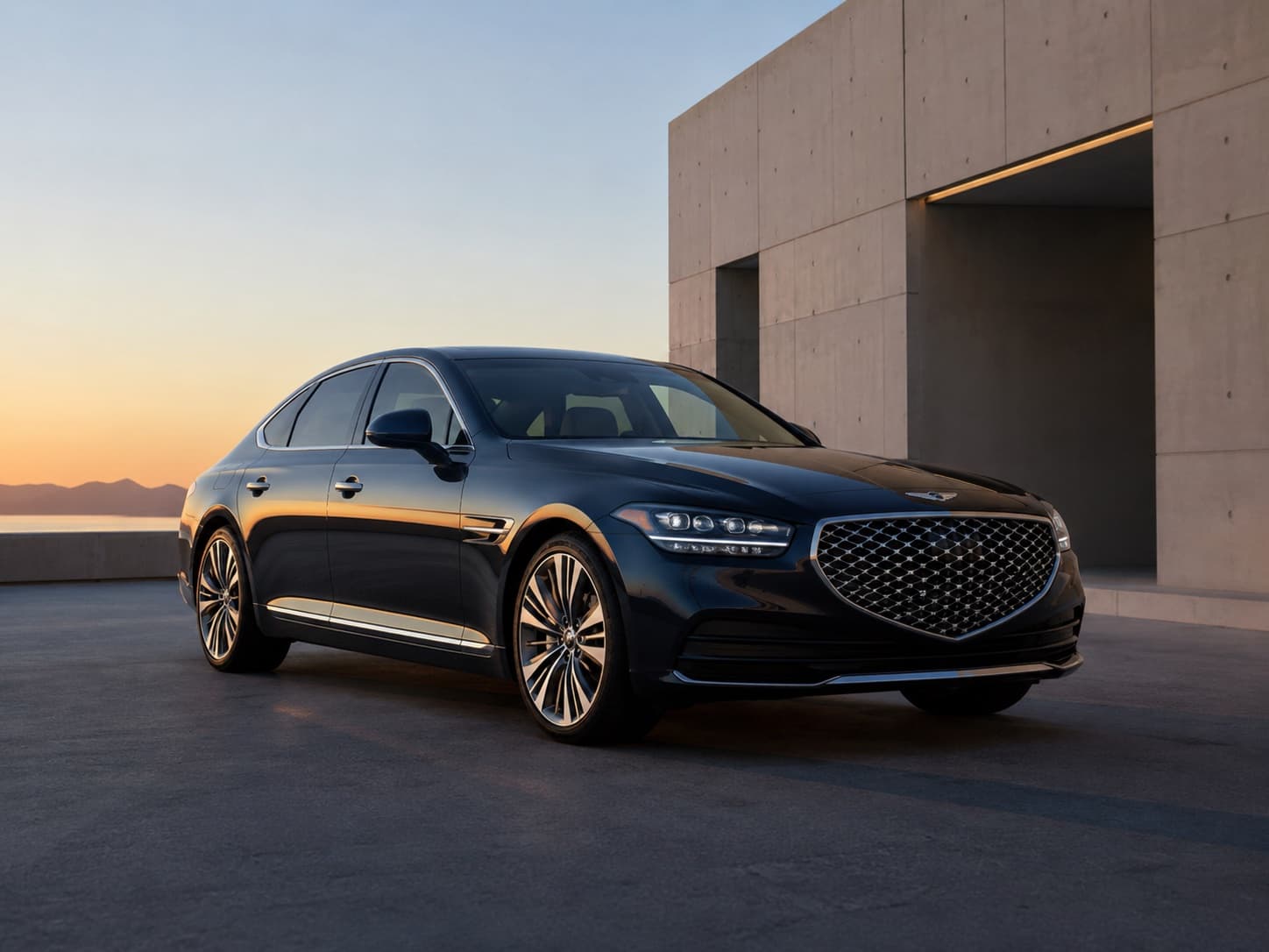 Coche sedán moderno con acabado oscuro — renting de vehículos premium