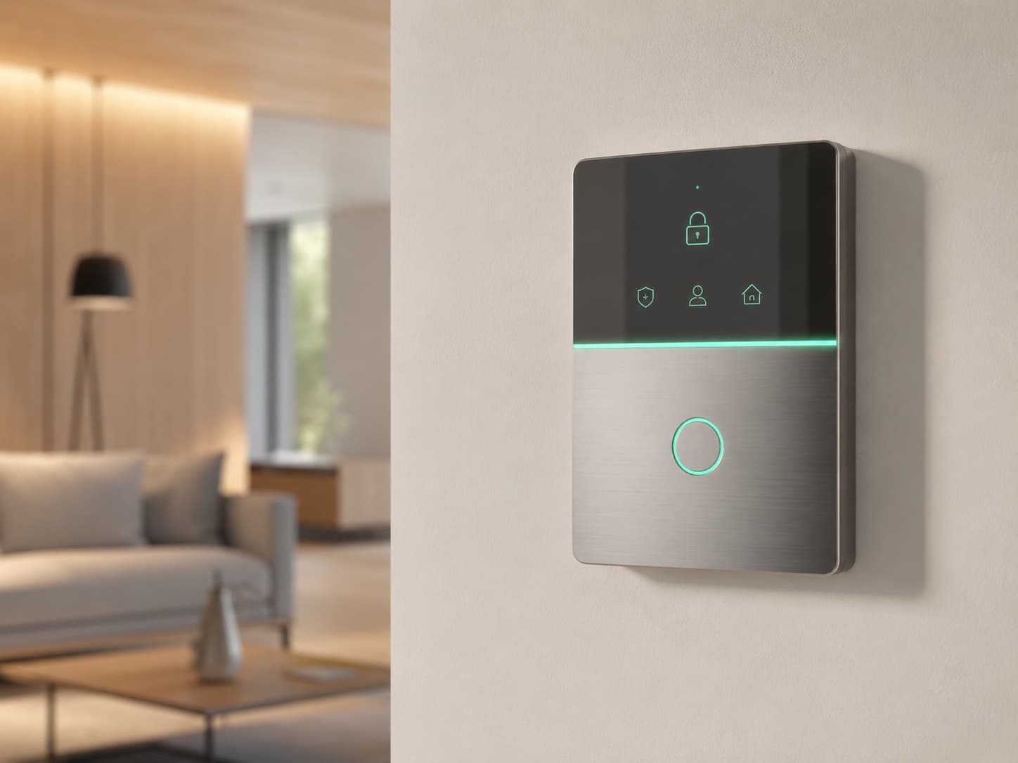 Panel de alarma moderno montado en pared con LED turquesa — sistema de seguridad para el hogar